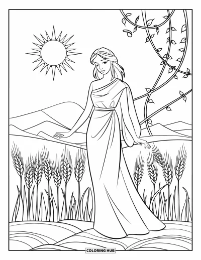Dibujo de mitología griega para colorear para niños: Deméter está de pie en un campo de trigo soleado con vides enroscadas a su alrededor