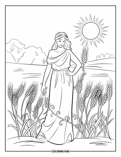 Dibujo de mitología griega para colorear para niños: Deméter se yergue entre el trigo con la luz del sol y vides a su alrededor