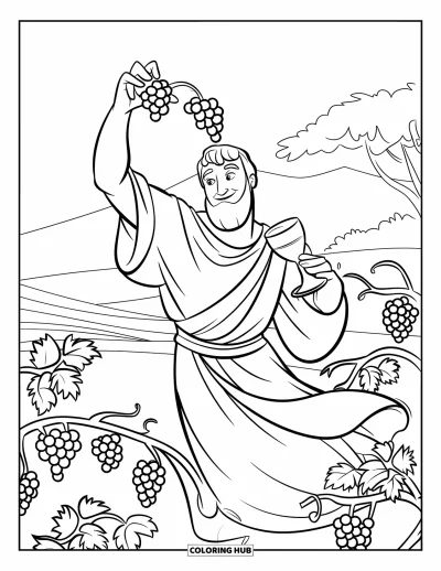 Dibujo de mitología griega para colorear para niños: Dionisio lanza uvas a una copa mientras las vides se enroscan a su alrededor