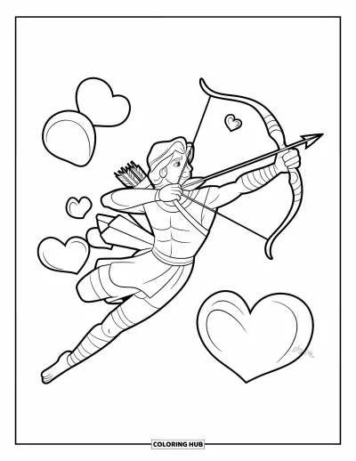 Dibujo de mitología griega para colorear para niños: Eros flota feliz con un arco, rodeado de pequeños corazones