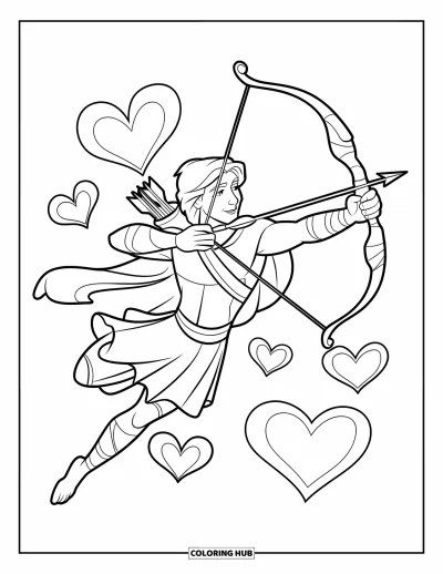 Dibujo de mitología griega para colorear para niños: Eros surca el aire con su arco mientras los corazones revolotean a su alrededor