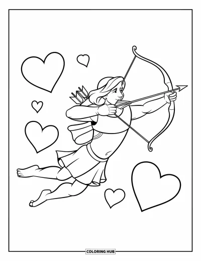 Dibujo de mitología griega para colorear para niños: Eros, el juguetón dios del amor, vuela con su arco y flecha