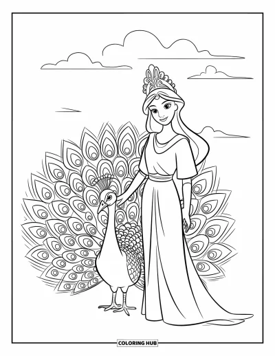 Dibujo de mitología griega para colorear para niños: Hera sonríe con dulzura con su corona y las plumas del pavo real extendidas