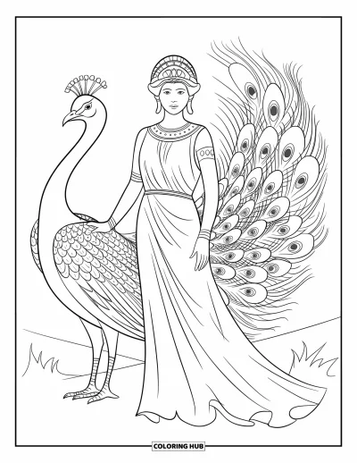 Dibujo de mitología griega para colorear para niños: Hera se yergue imponente junto a su orgulloso pavo real, luciendo una corona dorada