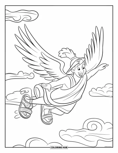 Dibujo de mitología griega para colorear para niños: Hermes vuela veloz con pergaminos en la mano y nubes a su alrededor