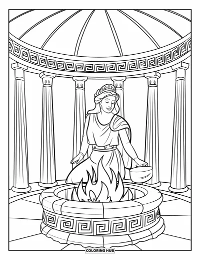 Dibujo de mitología griega para colorear para niños: Hestia cuida el hogar en silencio, enmarcada por altas columnas griegas