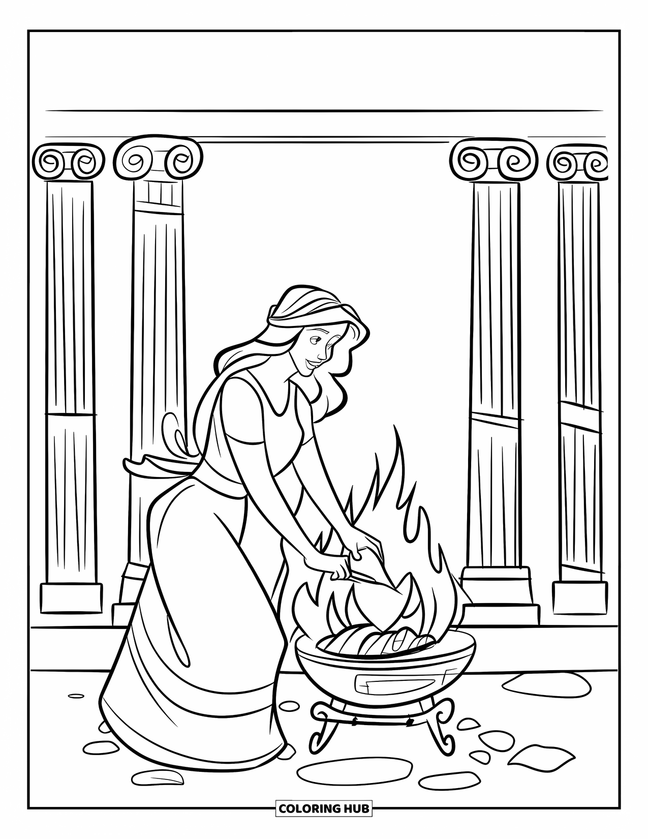Greek Mythology Coloring Page for Kids: Hestia tends her warm hearth, surrounded by grand Greek columns