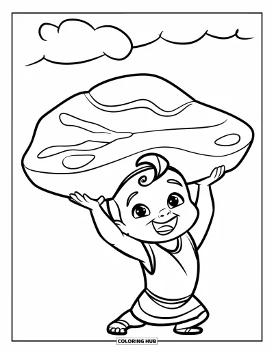 Dibujo de mitología griega para colorear para niños: El pequeño Hércules irradia orgullo mientras levanta una pesada roca