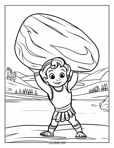Dibujo de mitología griega para colorear para niños: El pequeño Hércules levanta una pesada roca con una gran sonrisa de orgullo