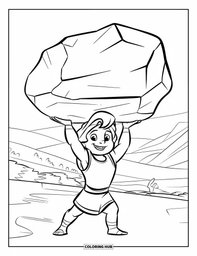 Dibujo de mitología griega para colorear para niños: El pequeño Hércules presume su fuerza levantando una gran roca con una gran sonrisa