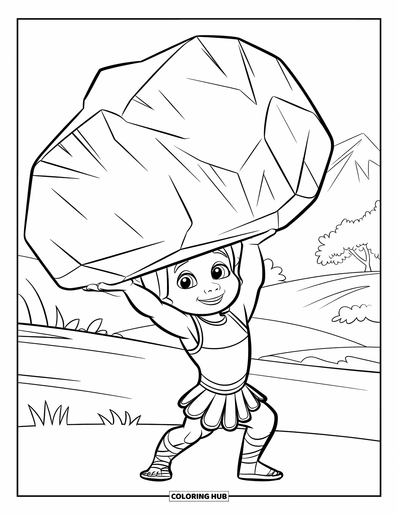 Greek Mythology Coloring Page for Kids: Little Hercules smiles wide as he lifts a huge rock in a peaceful landscape