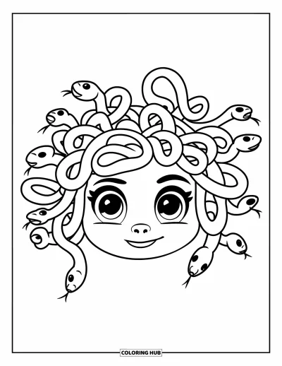 Dibujo de mitología griega para colorear para niños: Medusa sonríe con ojos amigables y rizos con forma de serpiente