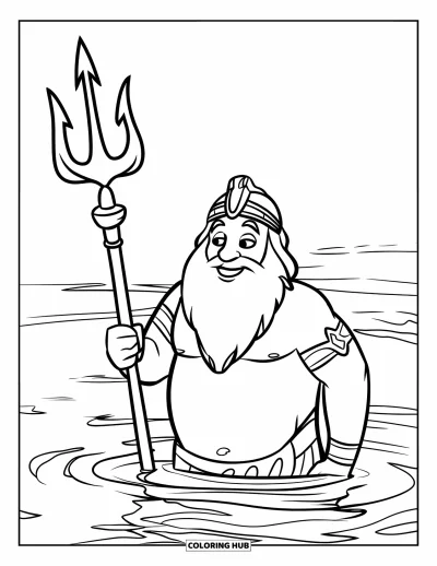 Dibujo de mitología griega para colorear para niños: Poseidón sonríe con su tridente de pie en aguas tranquilas hasta las rodillas