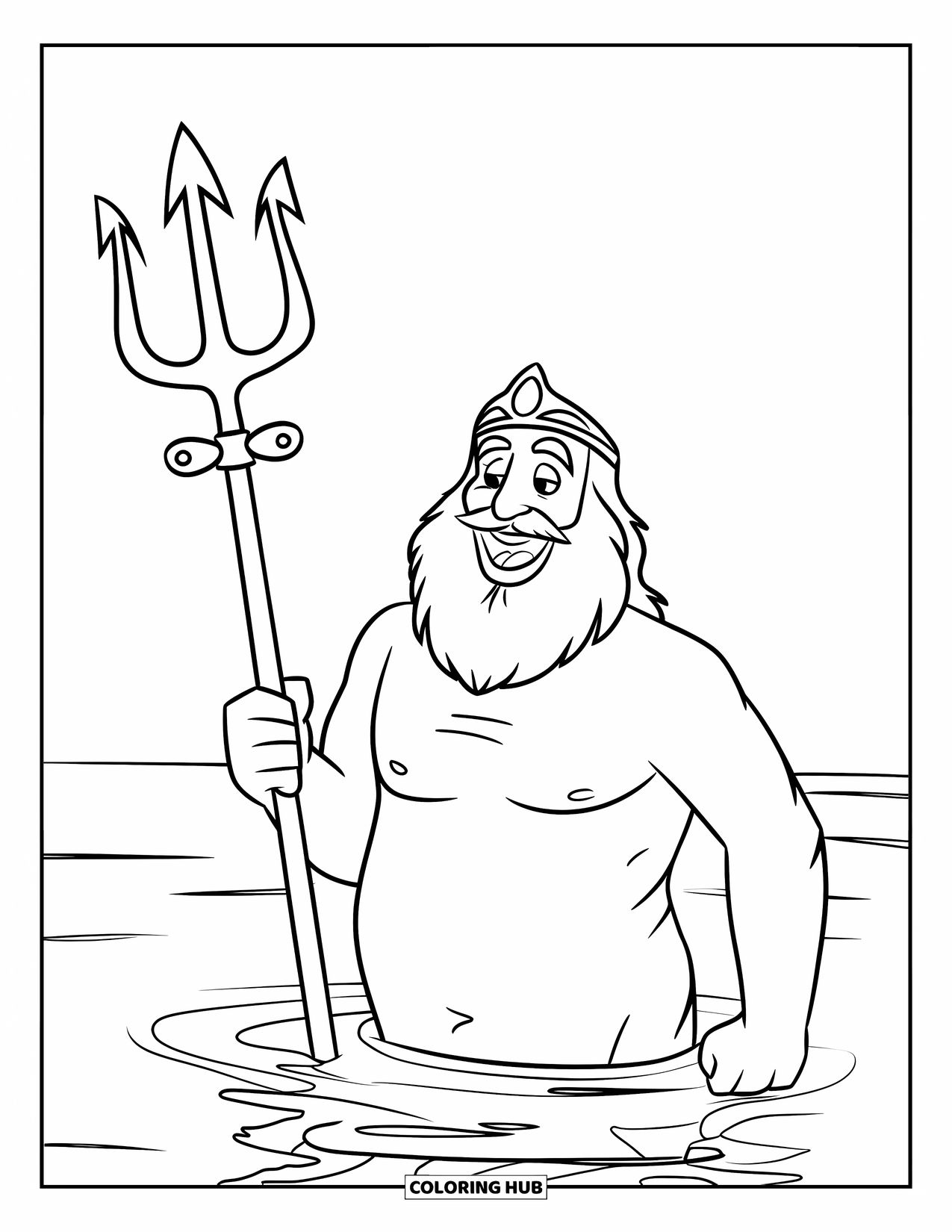 Greek Mythology Coloring Page for Kids: Poseidon smiles with his trident in hand, standing in calm sea waters