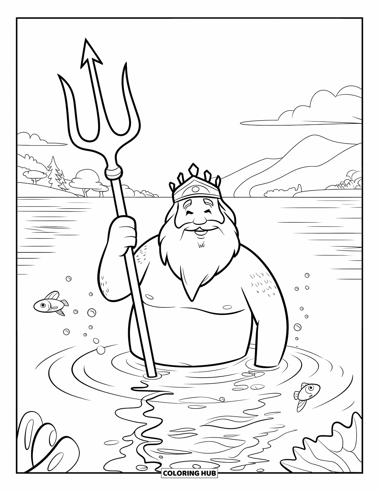 Greek Mythology Coloring Page for Kids: Poseidon stands happily in the sea, surrounded by bubbles and fish