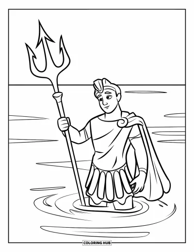 Dibujo de mitología griega para colorear para niños: Poseidón está en el mar sosteniendo un gran tridente con una amable sonrisa