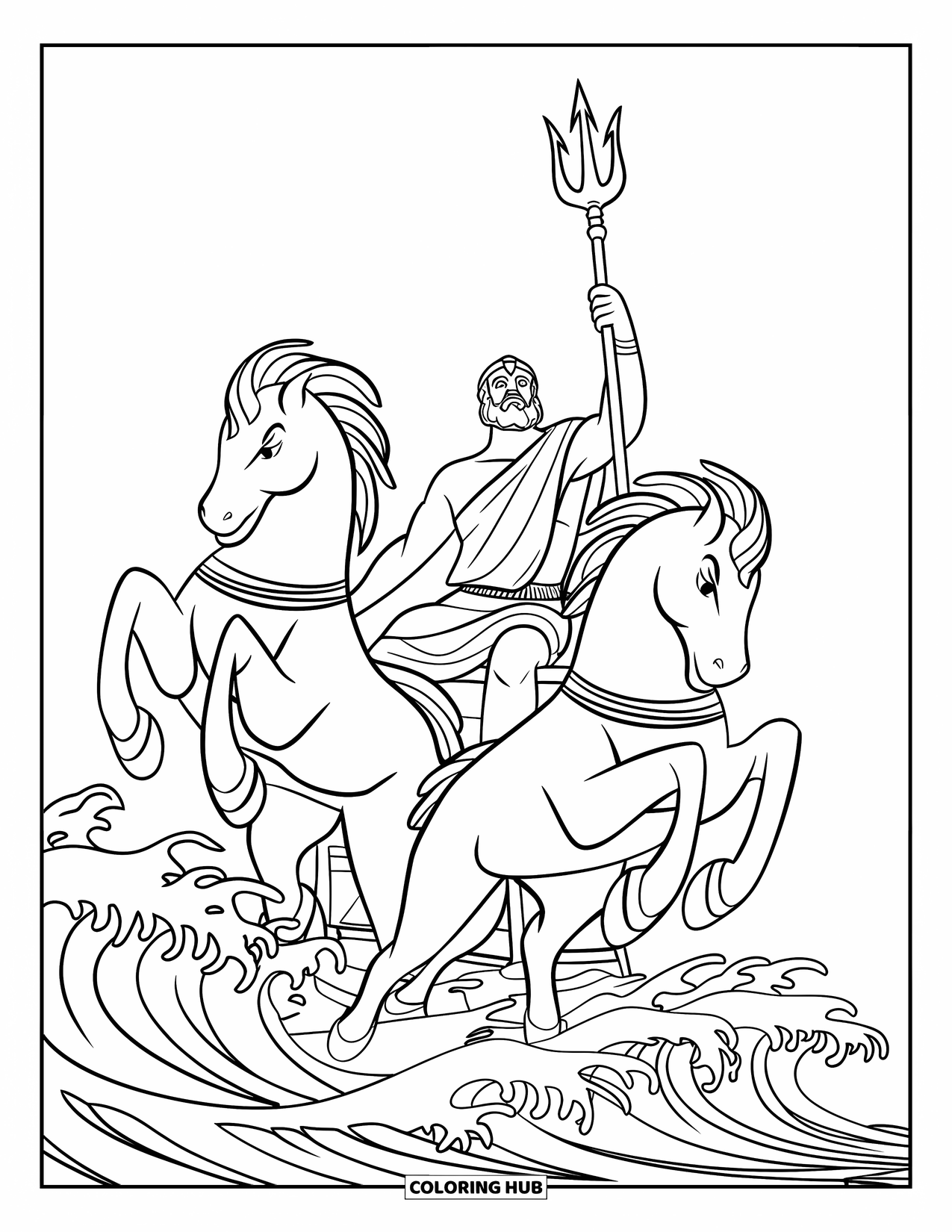 Greek Mythology Coloring Page for Kids: Poseidon summons waves while riding a chariot pulled by sea horses