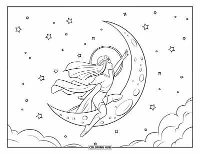 Dibujo de mitología griega para colorear para niños: Selene se desliza sobre su luna por un cielo lleno de estrellas y sueños