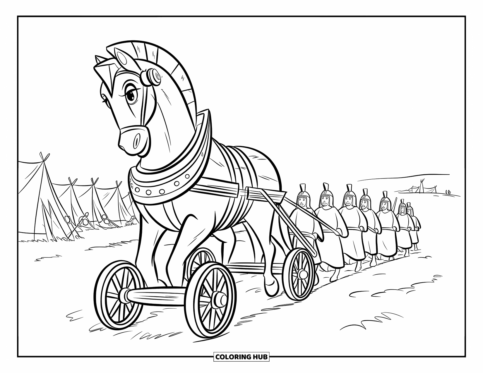 Greek Mythology Coloring Page for Kids: The wooden Trojan Horse rolls through the battlefield, pulled by soldiers