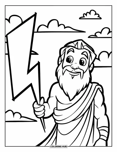 Dibujo de mitología griega para colorear para niños: Un joven Zeus está feliz con su rayo entre las nubes