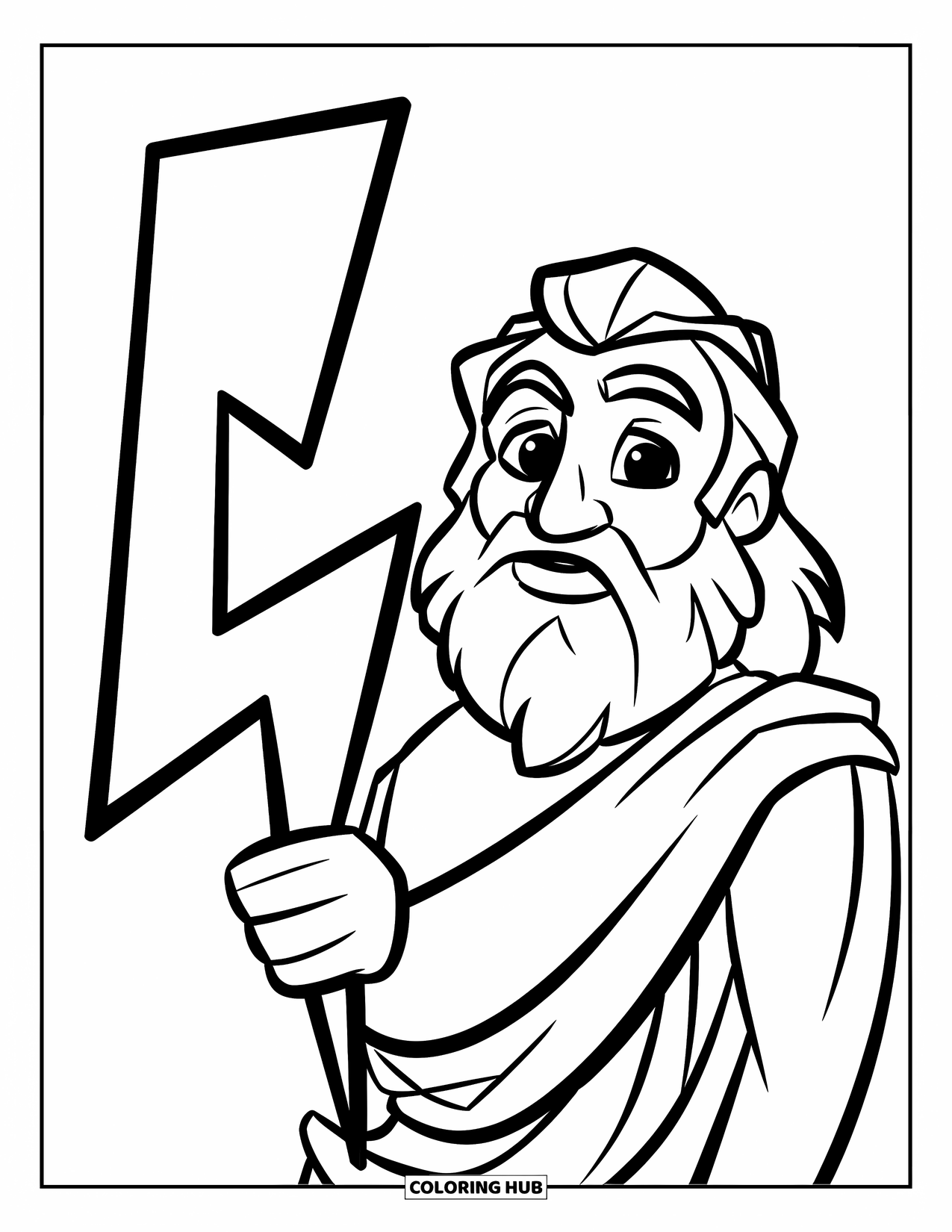 Greek Mythology Coloring Page for Kids: Zeus grins while holding a big lightning bolt in both hands