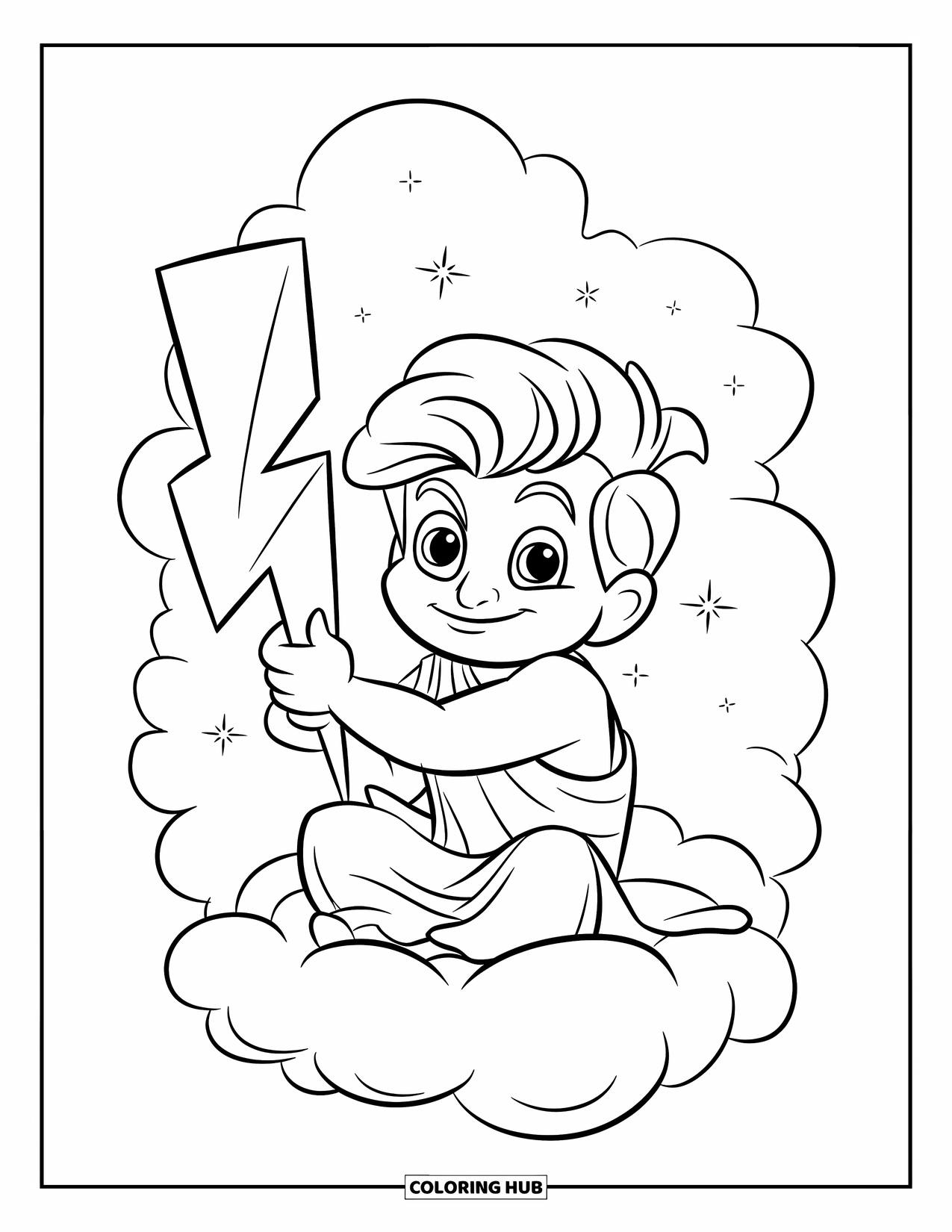 Greek Mythology Coloring Page for Kids: Zeus sits on a cloud, smiling while holding his lightning bolt
