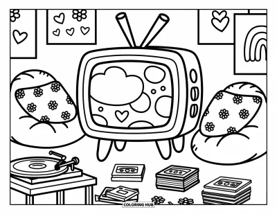 Fargeleggingsark med groovy motiv for voksne: Kraftig TV som viser tegnefilm i et rom fullt av puter, kassetter og snacks