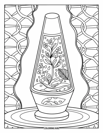 Fargeleggingsark med groovy motiv for voksne: Detaljert lavalampe med paisley-motiv inni, stående på et mønstret bord