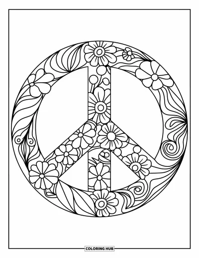Fargeleggingsark med groovy motiv for voksne: Detaljert fredstegn-mandala fylt med blomster, blader og retro-svingninger