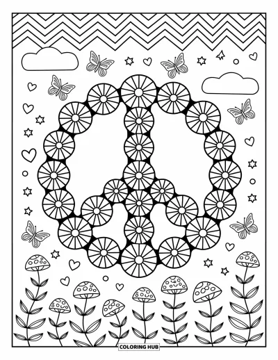 Fargeleggingsark med groovy motiv for voksne: Blomstrete fredssymbol omgitt av skyer, sikksakklinjer og miniatyrsopper
