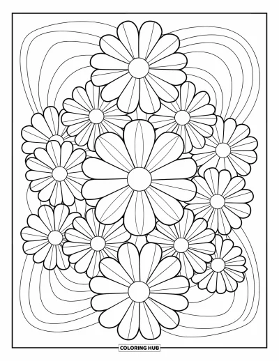 Fargeleggingsark med groovy motiv for voksne: Helside med tusenfrydarrangement i tydelig, overlappende blomsterkraft-layout