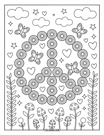 Fargeleggingsark med groovy motiv for voksne: Gigantisk fredstegn laget av blomster med stjerner, sommerfugler og svingninger