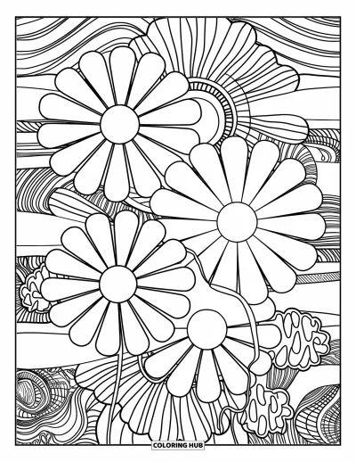 Fargeleggingsark med groovy motiv for voksne: Groovy tusenfryd-layout med innviklede bakgrunnsmønstre og retrostyling