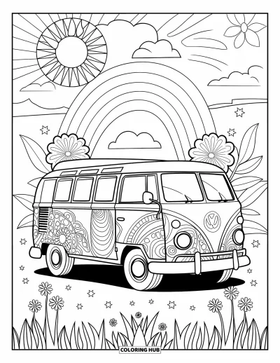 Fargeleggingsark med groovy motiv for voksne: Hippie-varebil med blomster, regnbuehimmel og solrik psykedelisk bakgrunn