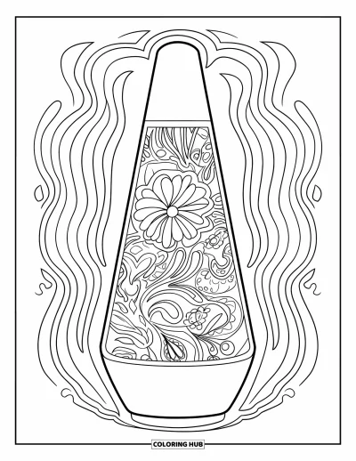 Fargeleggingsark med groovy motiv for voksne: Lavalampe med paisley-blomstermønster og groovy bølgete kanter