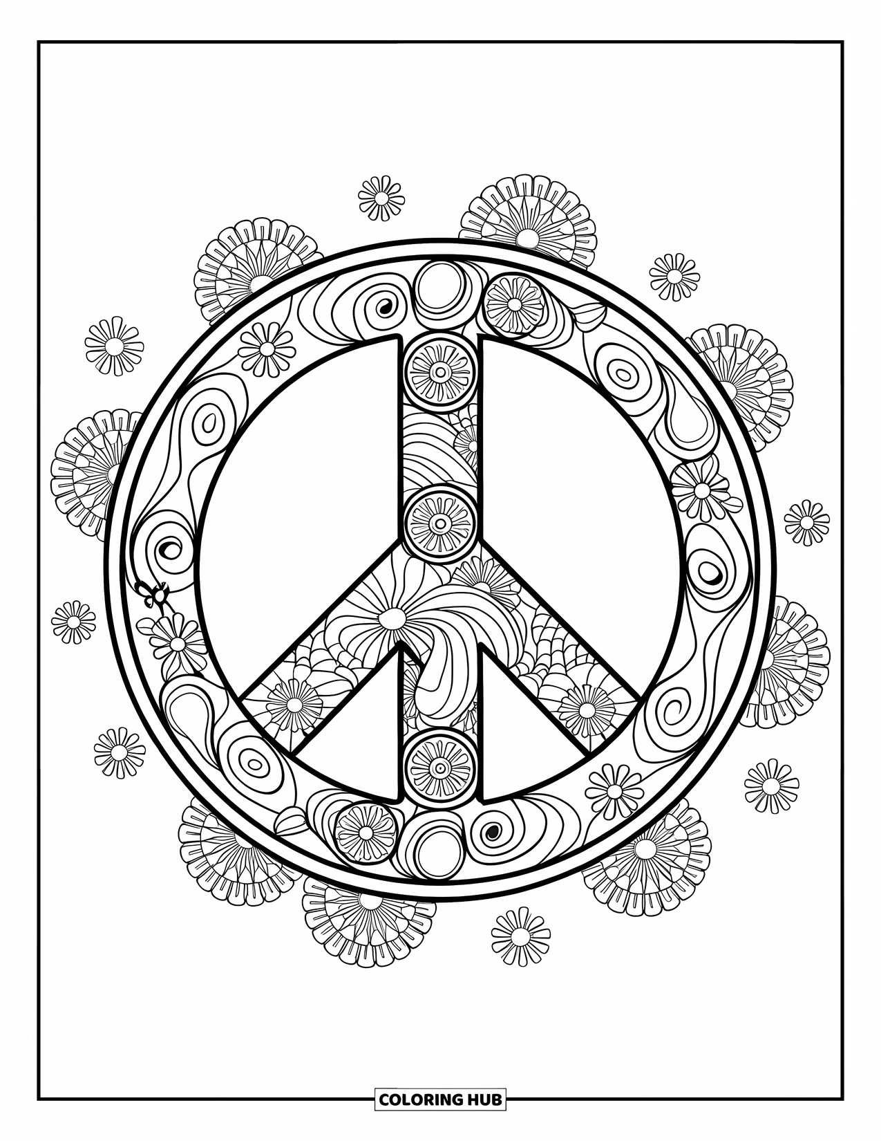 Groovy Coloring Page for Adults: Mandala-style peace sign with swirling florals and fine line accents