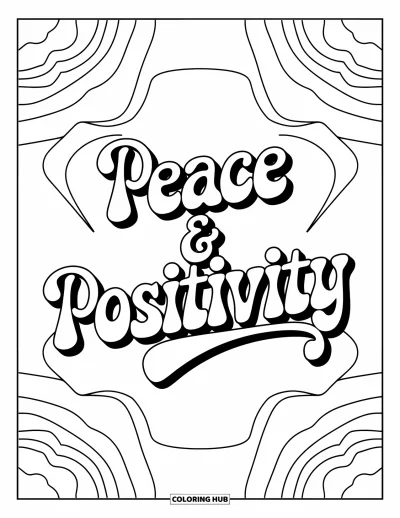 Fargeleggingsark med groovy motiv for voksne: «Peace & Positivity»-sitat i ornamentalt skriftuttrykk med konsentrisk sirkel-bakgrunn