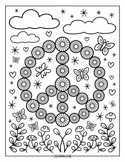 Fargeleggingsark med groovy motiv for voksne: Lekent fredstegn med hjerter, sopper og flaprende sommerfugler