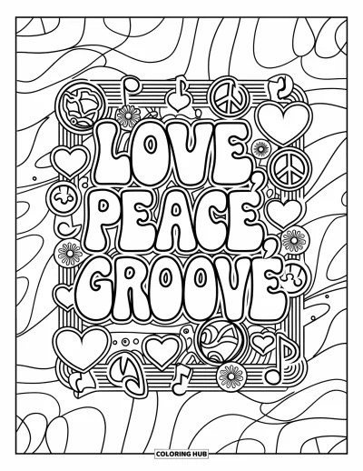 Fargeleggingsark med groovy motiv for barn: Tykk «Love, Peace, Groove»-tekst med fredstegn, hjerter og musikknoder