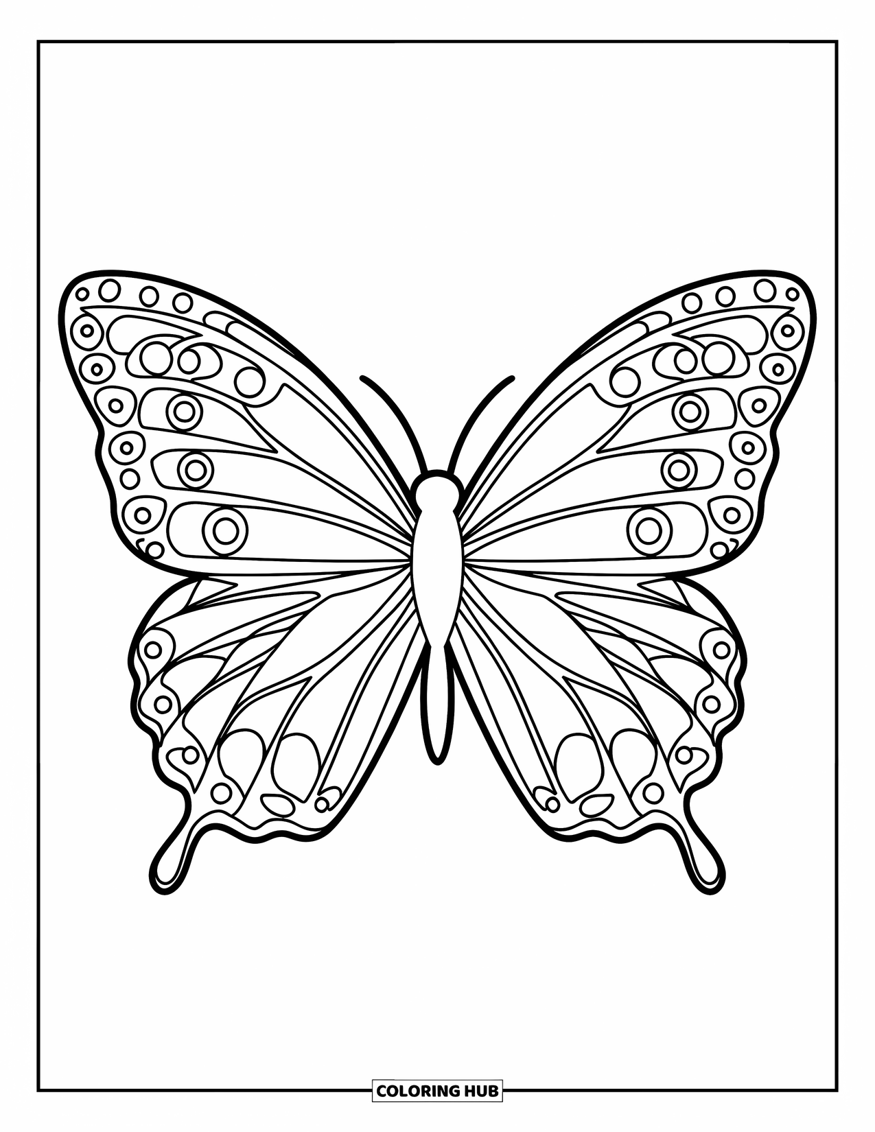 Groovy Coloring Page for Kids: Butterfly with open wings and swirly patterns
