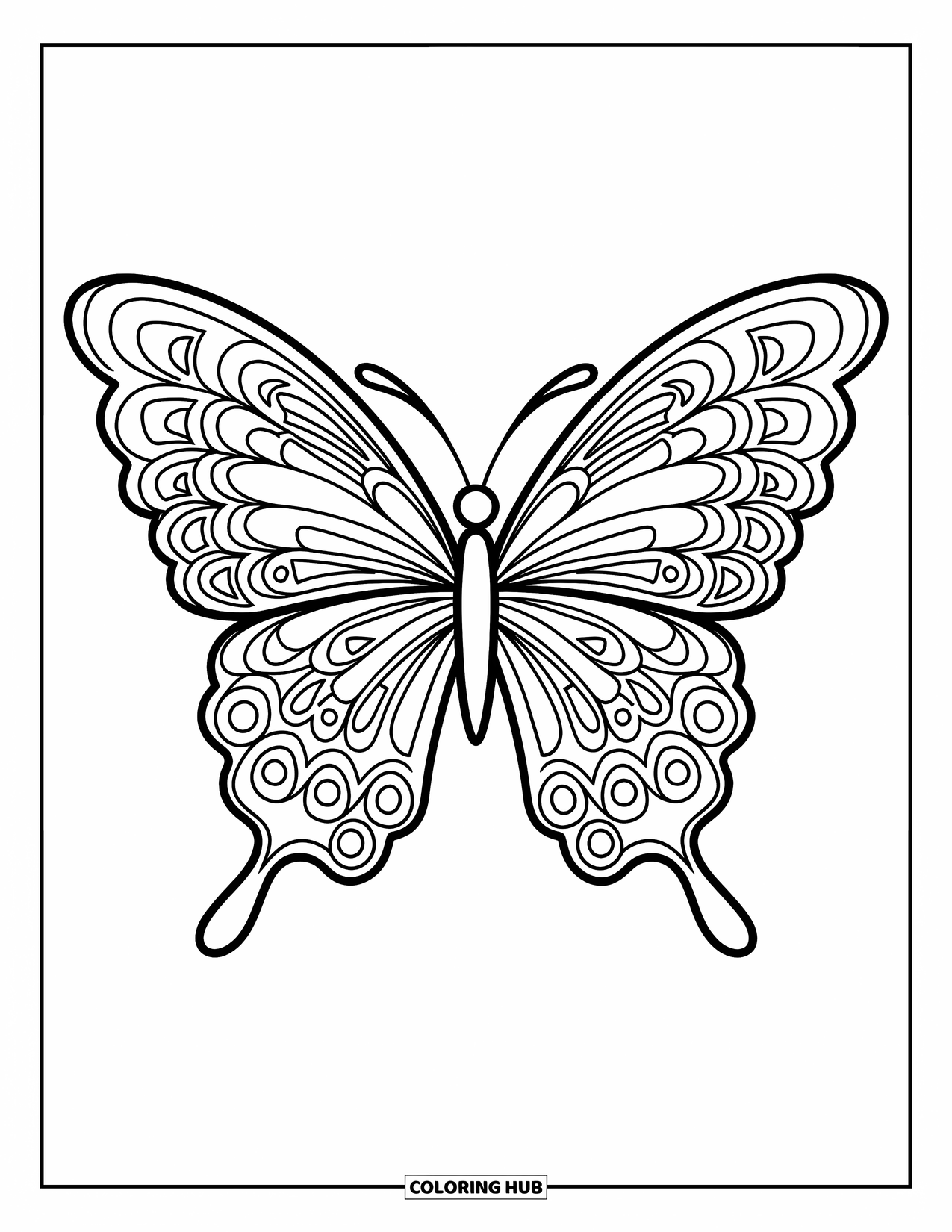 Groovy Coloring Page for Kids: Butterfly with open wings filled with retro-style motifs