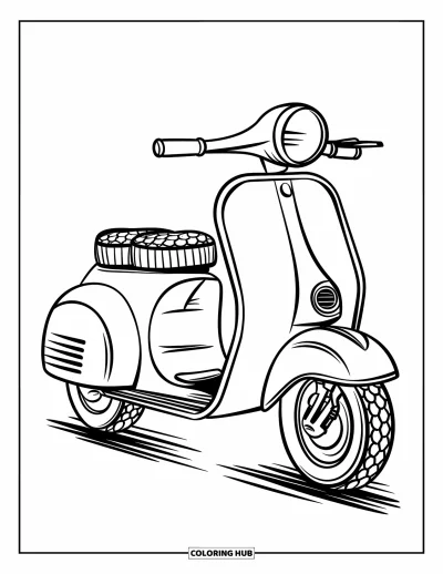 Fargeleggingsark med groovy motiv for barn: Scooter med kraftige dekk og mønstret sete på enkel bakgrunn