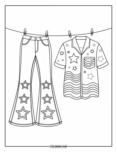 Fargeleggingsark med groovy motiv for barn: Utsvingede bukser og retro-skjorte med broderte stjerner på en klessnor