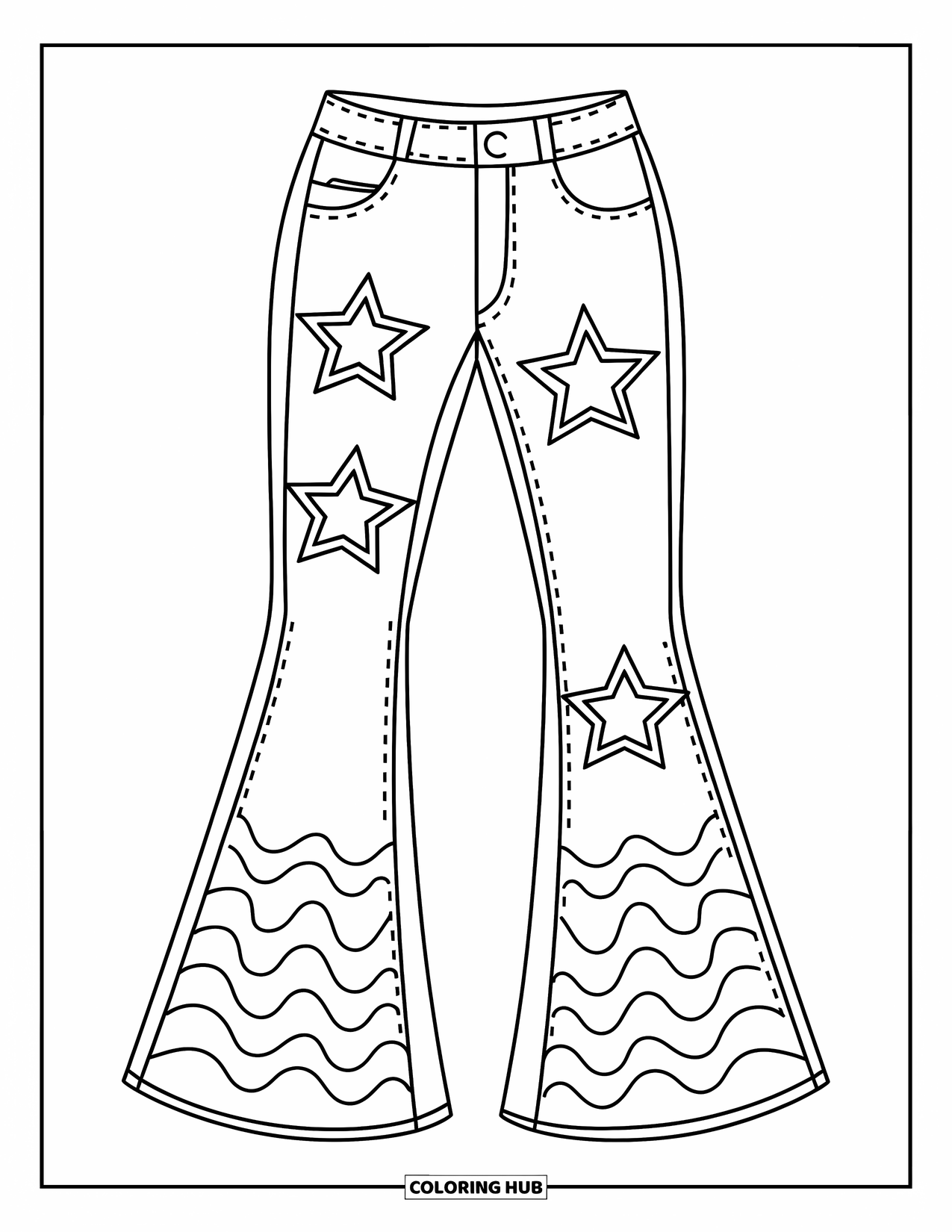 Groovy Coloring Page for Kids: Flared jeans with stitched stars and groovy wave patterns