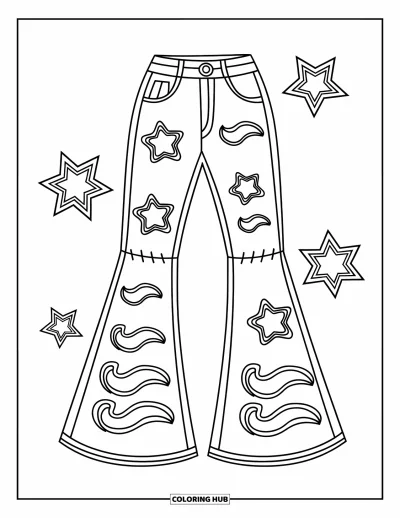 Fargeleggingsark med groovy motiv for barn: Morsomme utsvingede bukser med tydelige konturer og bølgete brodert design