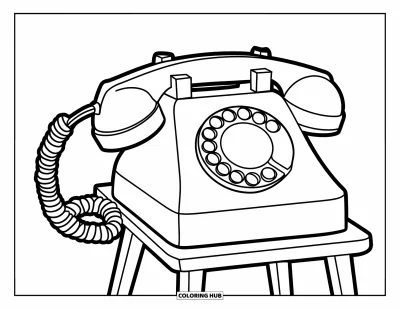 Fargeleggingsark med groovy motiv for barn: Retro-telefon på et trestativer med lekne linjer