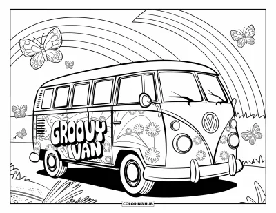 Fargeleggingsark med groovy motiv for barn: Retro-varebil med teksten «Groovy Van» som krysser regnbuer og sommerfugler