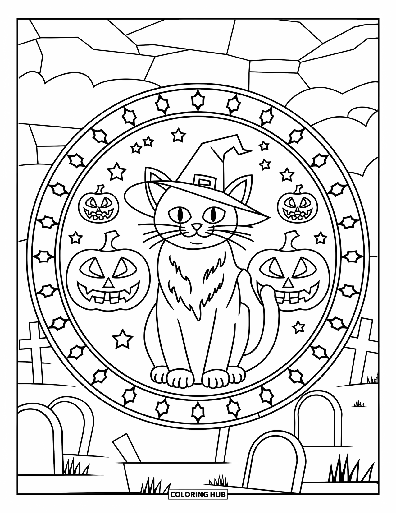 Halloween Cat Coloring Page for Adults: A calm cat with a witch hat sits inside a stained glass circle of stars and pumpkins