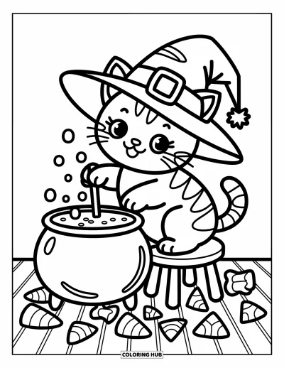 Coloriage de chat d'Halloween pour adultes : Un chat avec un chapeau souple remue un chaudron sur un plancher en bois recouvert de bonbons