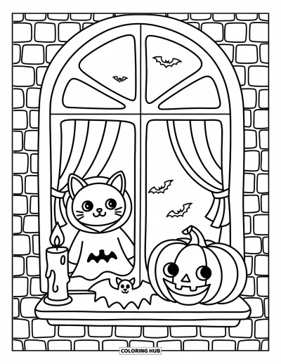 Coloriage de chat d'Halloween pour adultes : Un chat en sweat fantôme émerge d'une fenêtre à côté d'une citrouille souriante et d'une peluche de chauve-souris